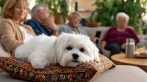 Maltese dog relaxes on couch in foreground while senior assisted living residents sit on same couch in background 