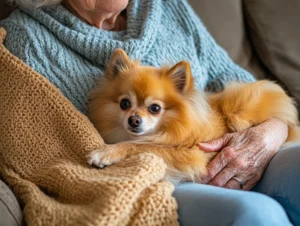 A Pomeranian dog is sitting in the lap of an elderly woman wearing cozy sweaters in assisted living community, senior and dog