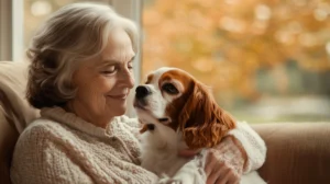 Senior woman smiles holding Cavalier King Charles Spaniel, Seniors and Dogs 